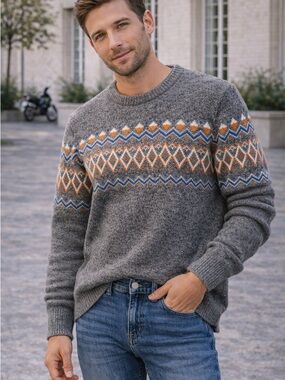 urban pipeline Gray Fair Isle Crewneck Sweater with Blue and Orange Accents